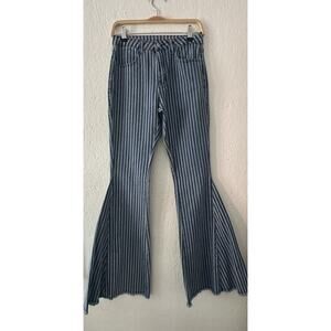 Wisteria Lane Blue & White Striped Jeans Bell Bottoms Stretch Sz Med Raw Hem